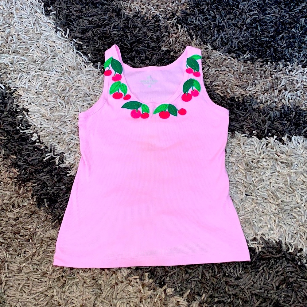 Victoria Secret’s M Tea Top good cond Felt Stitched Cherry Motiff